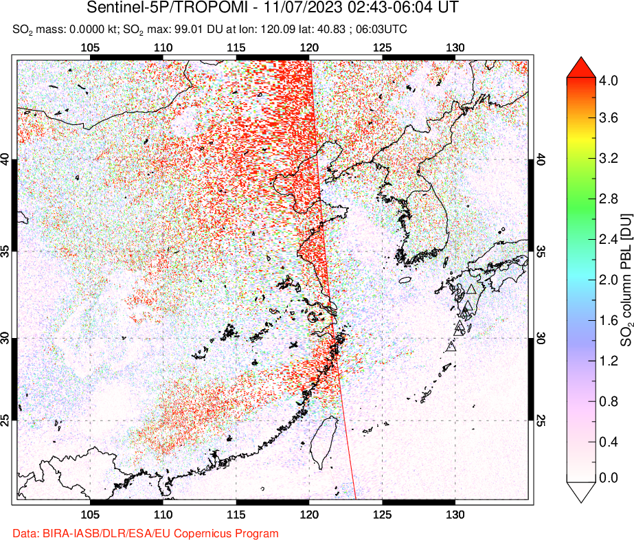 A sulfur dioxide image over Eastern China on Nov 07, 2023.