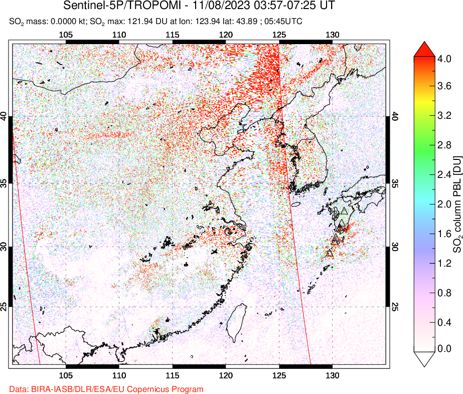 A sulfur dioxide image over Eastern China on Nov 08, 2023.