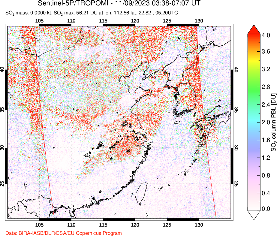 A sulfur dioxide image over Eastern China on Nov 09, 2023.