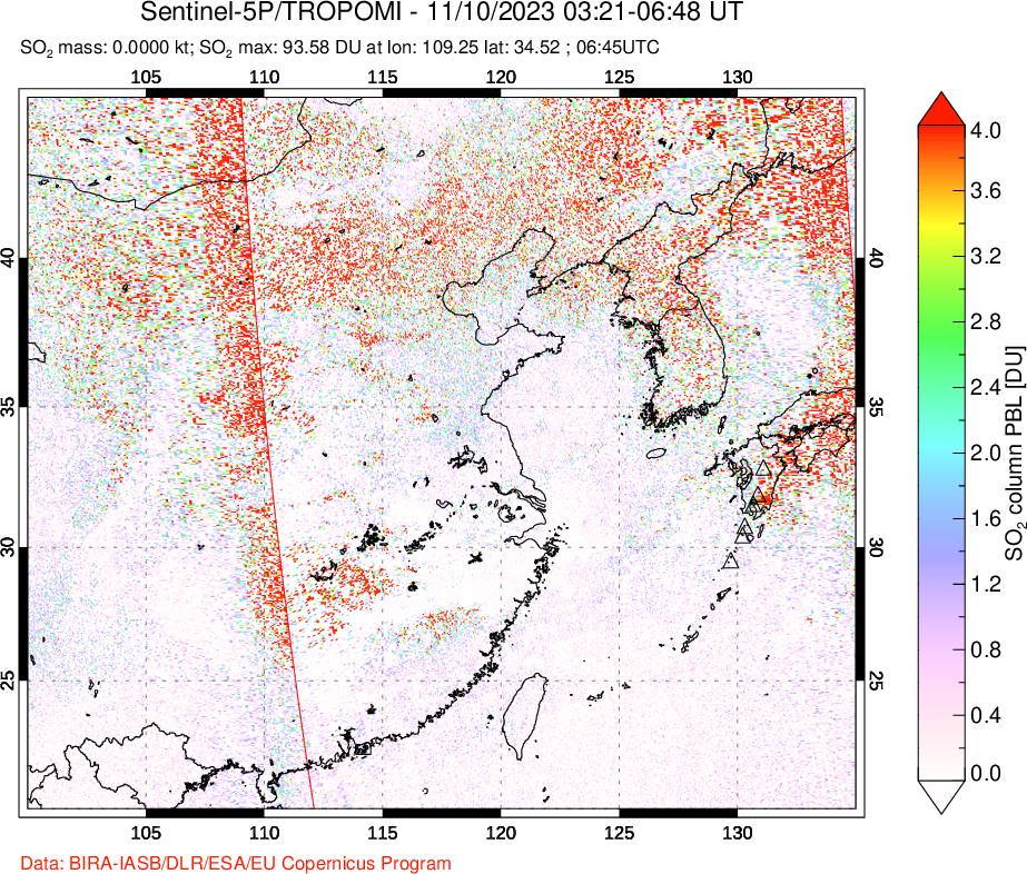 A sulfur dioxide image over Eastern China on Nov 10, 2023.