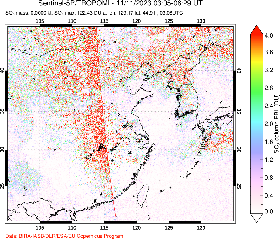 A sulfur dioxide image over Eastern China on Nov 11, 2023.