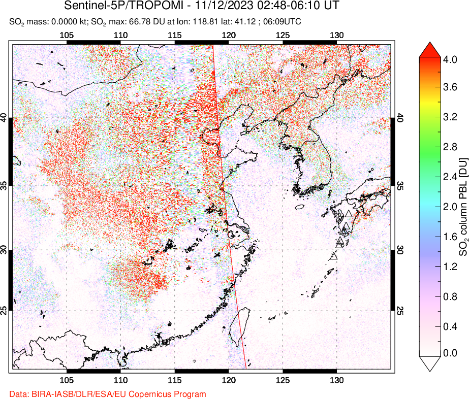 A sulfur dioxide image over Eastern China on Nov 12, 2023.