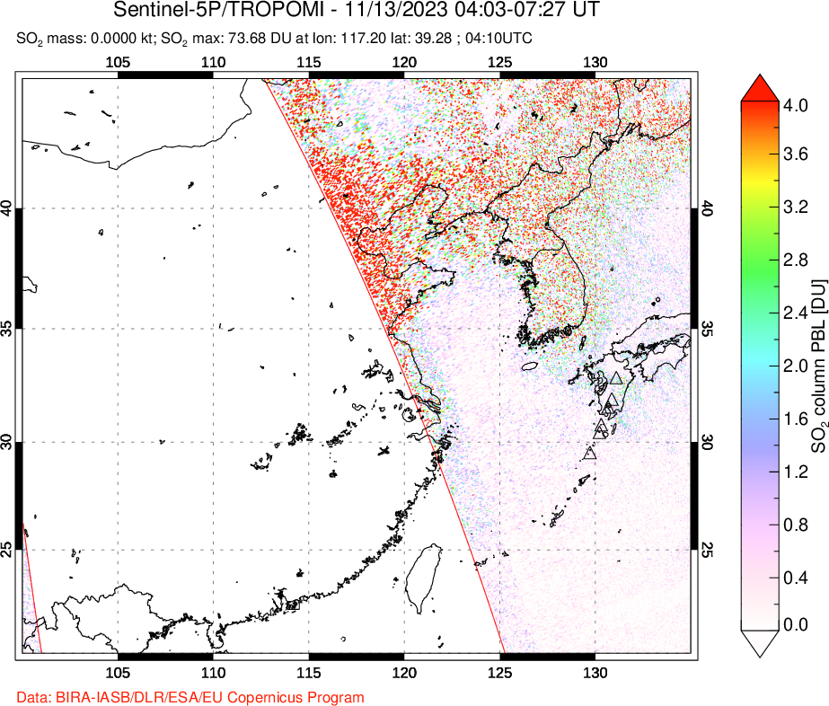 A sulfur dioxide image over Eastern China on Nov 13, 2023.