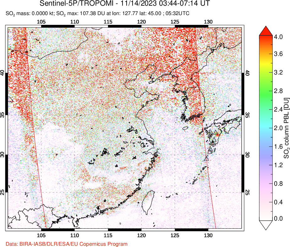 A sulfur dioxide image over Eastern China on Nov 14, 2023.