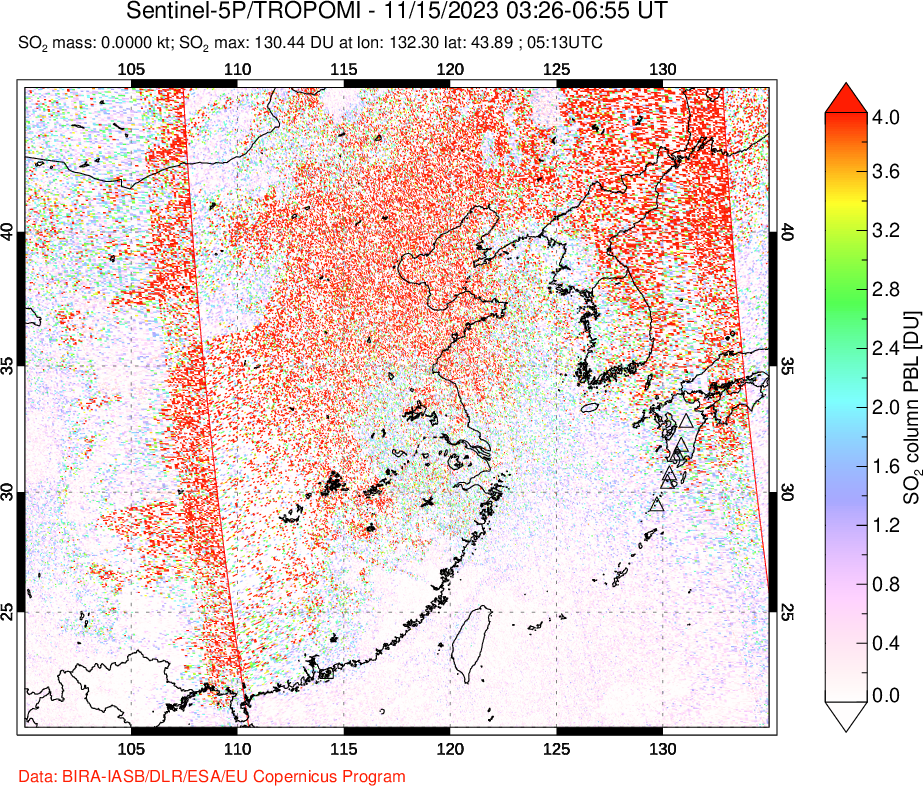 A sulfur dioxide image over Eastern China on Nov 15, 2023.