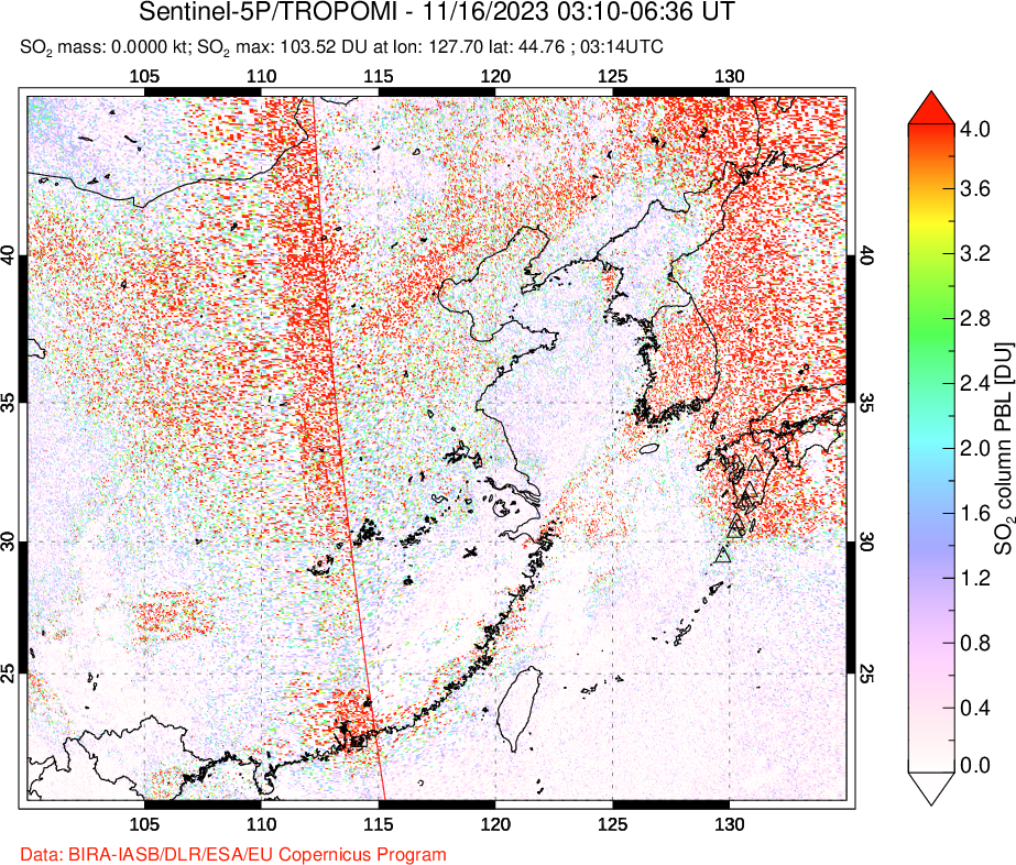 A sulfur dioxide image over Eastern China on Nov 16, 2023.
