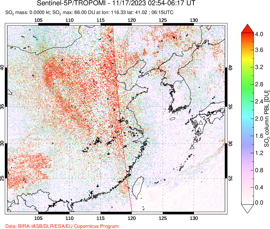 A sulfur dioxide image over Eastern China on Nov 17, 2023.