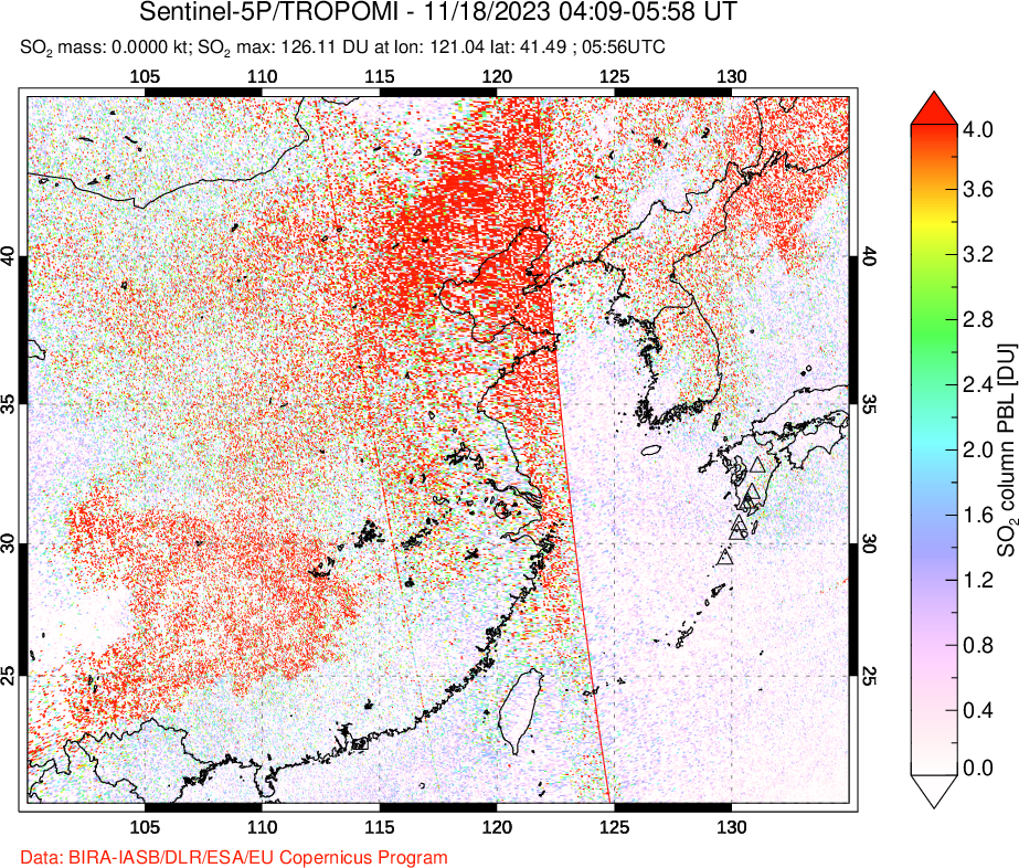 A sulfur dioxide image over Eastern China on Nov 18, 2023.