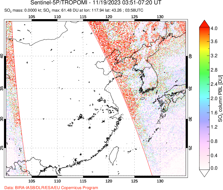A sulfur dioxide image over Eastern China on Nov 19, 2023.