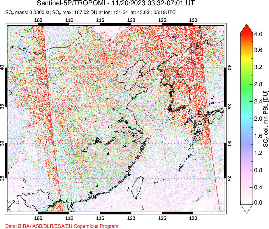 A sulfur dioxide image over Eastern China on Nov 20, 2023.