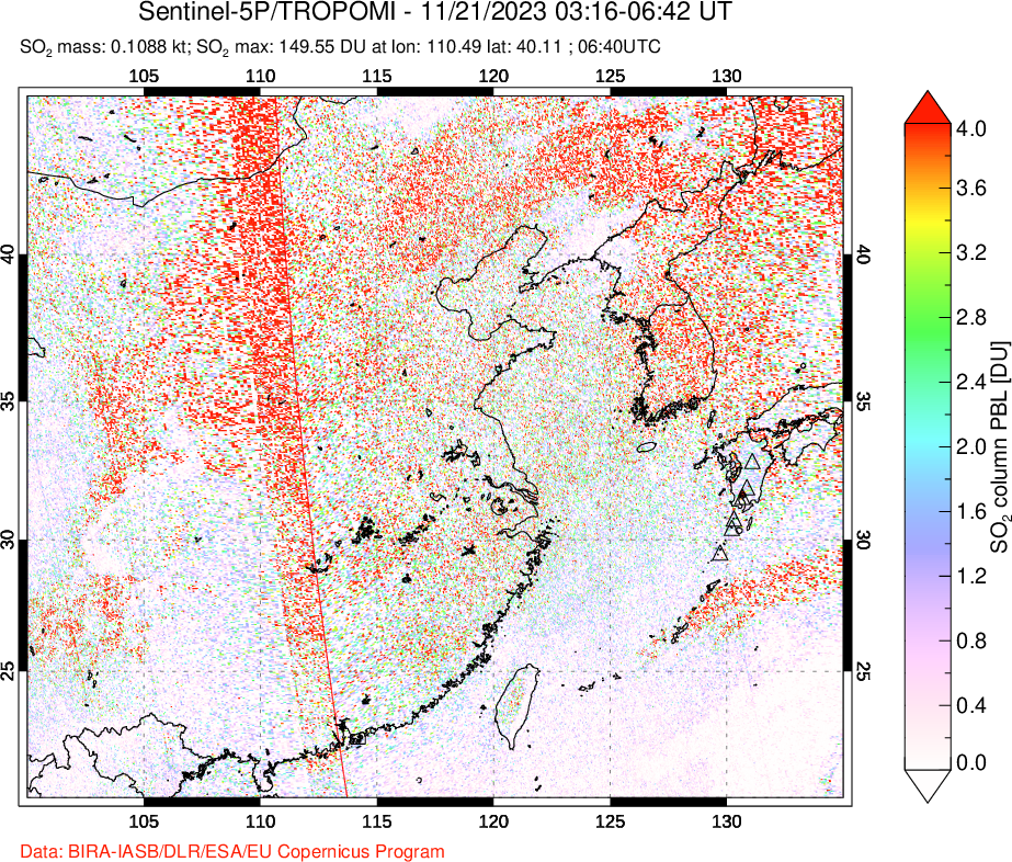 A sulfur dioxide image over Eastern China on Nov 21, 2023.