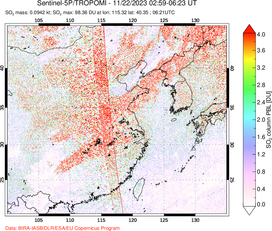 A sulfur dioxide image over Eastern China on Nov 22, 2023.