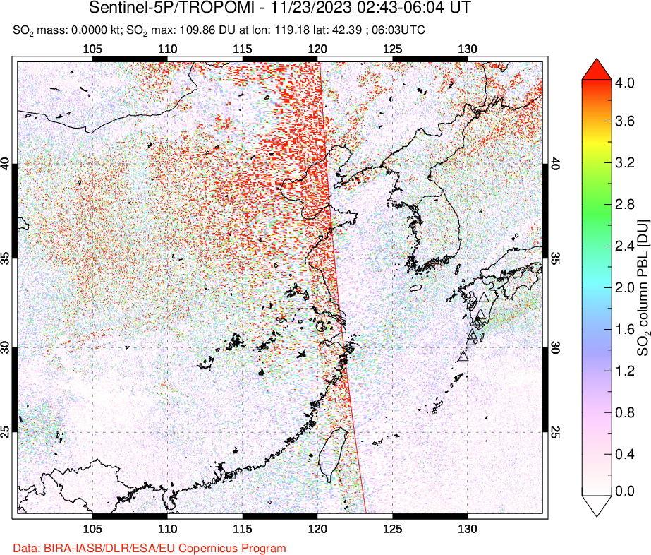 A sulfur dioxide image over Eastern China on Nov 23, 2023.