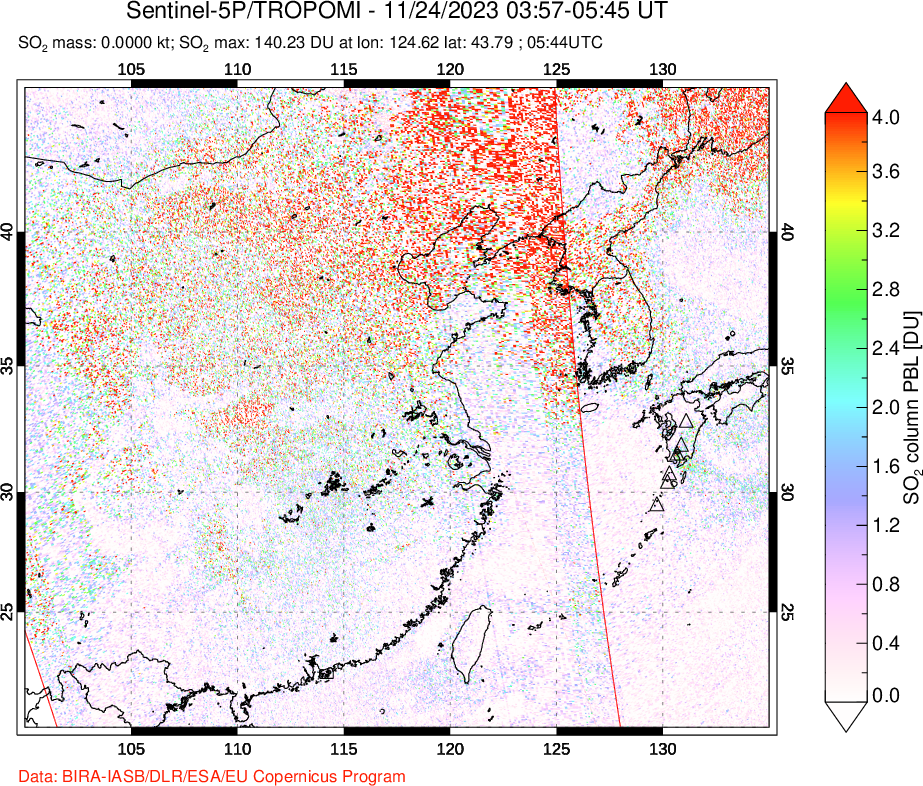 A sulfur dioxide image over Eastern China on Nov 24, 2023.