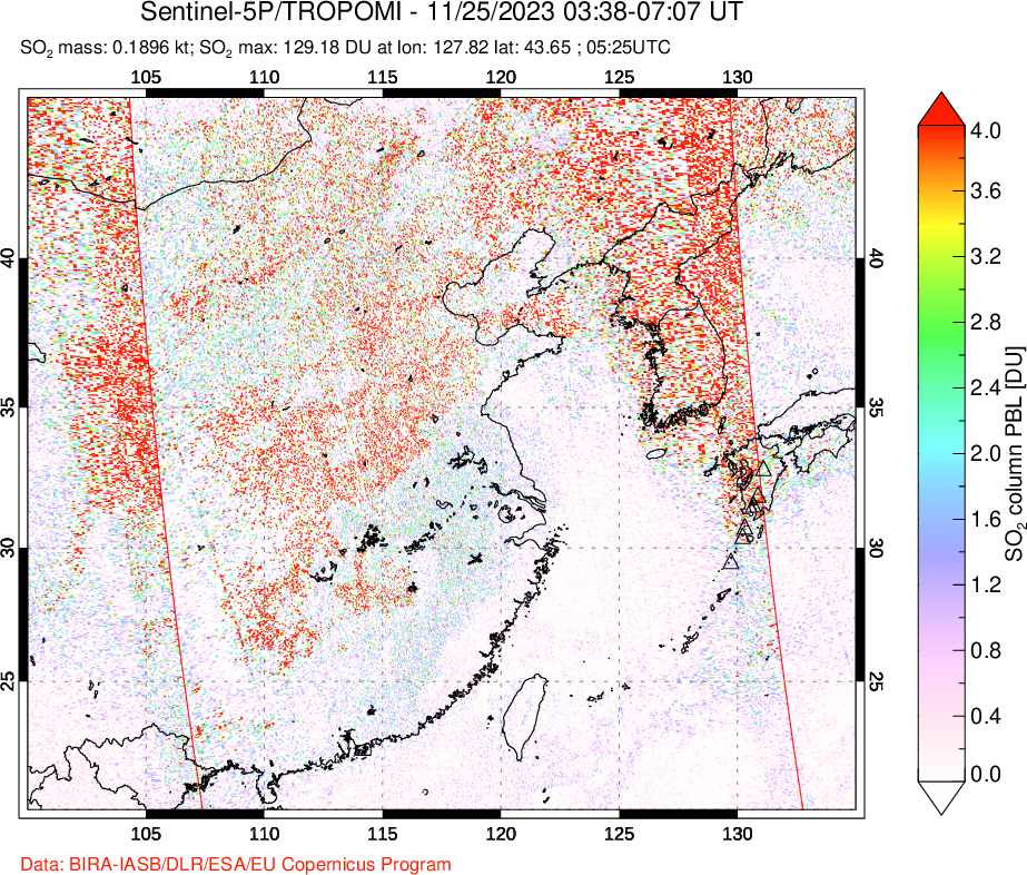 A sulfur dioxide image over Eastern China on Nov 25, 2023.