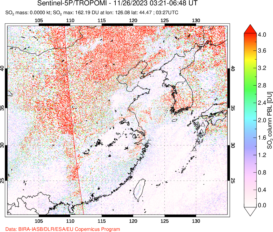 A sulfur dioxide image over Eastern China on Nov 26, 2023.