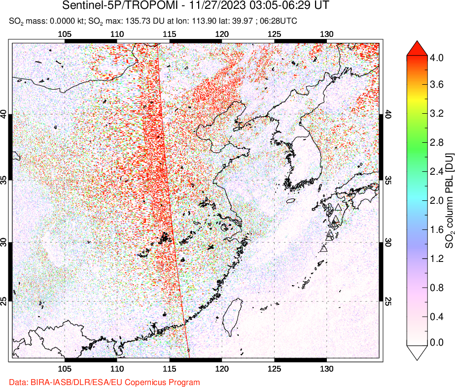 A sulfur dioxide image over Eastern China on Nov 27, 2023.
