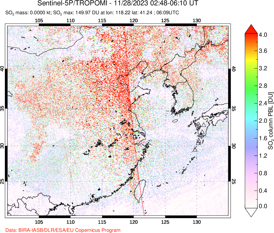A sulfur dioxide image over Eastern China on Nov 28, 2023.