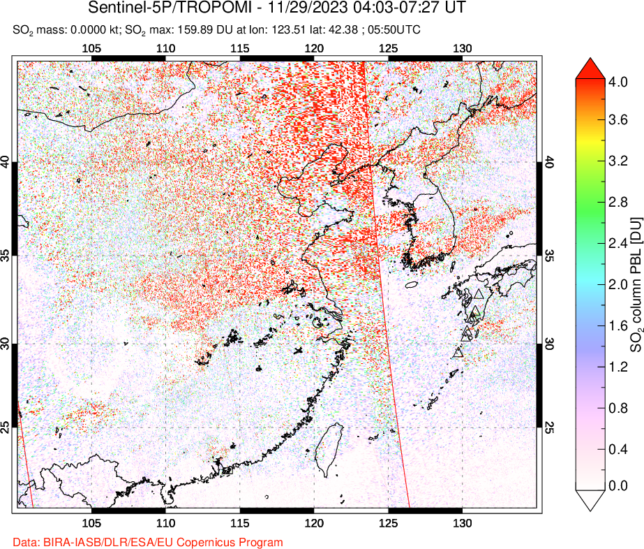 A sulfur dioxide image over Eastern China on Nov 29, 2023.