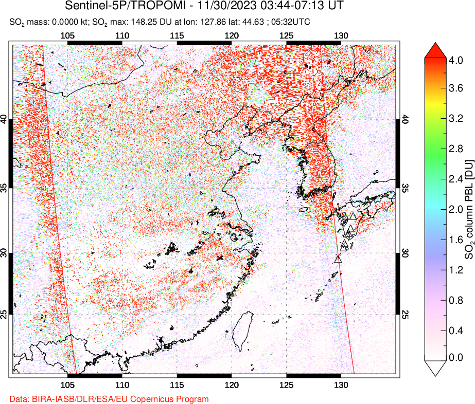 A sulfur dioxide image over Eastern China on Nov 30, 2023.