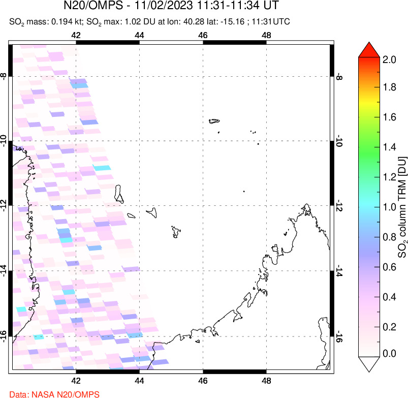 A sulfur dioxide image over Comoro Islands on Nov 02, 2023.