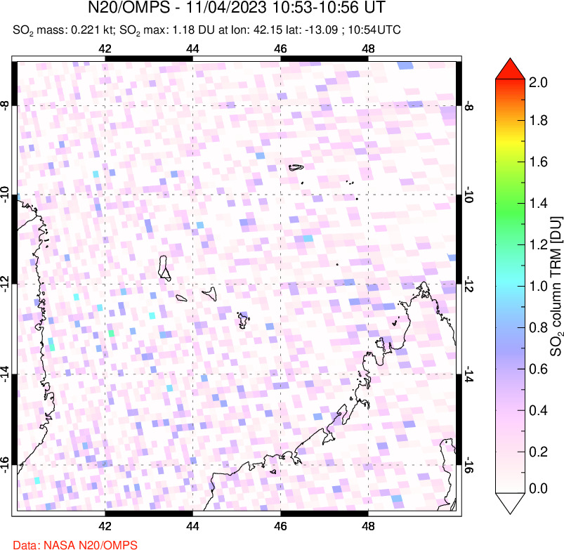 A sulfur dioxide image over Comoro Islands on Nov 04, 2023.