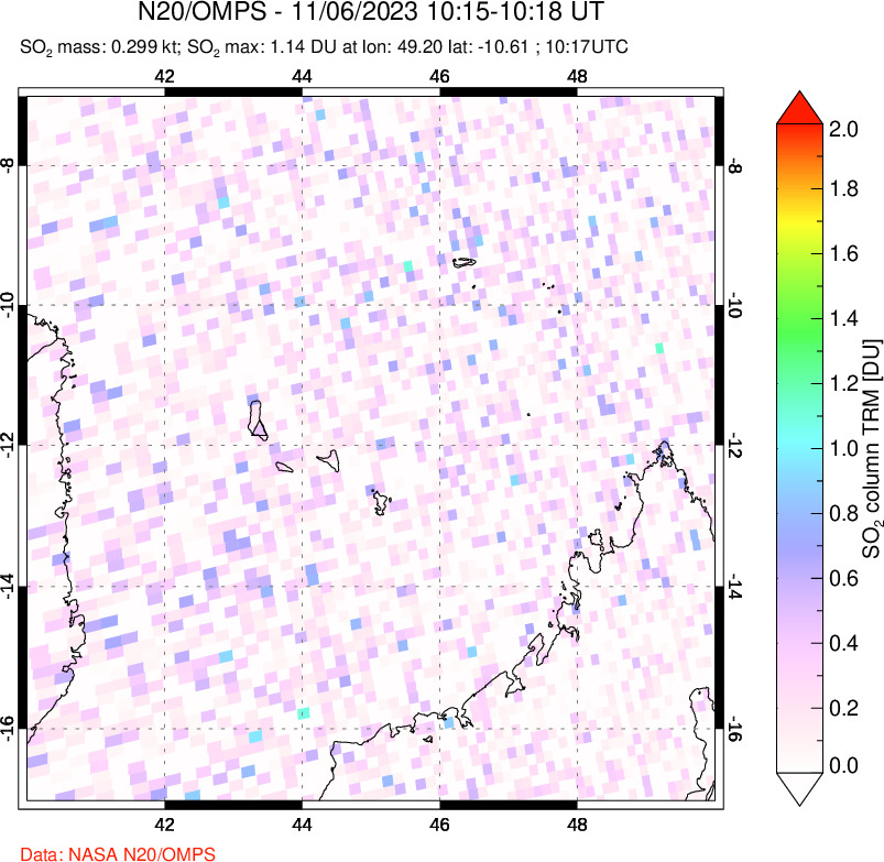 A sulfur dioxide image over Comoro Islands on Nov 06, 2023.