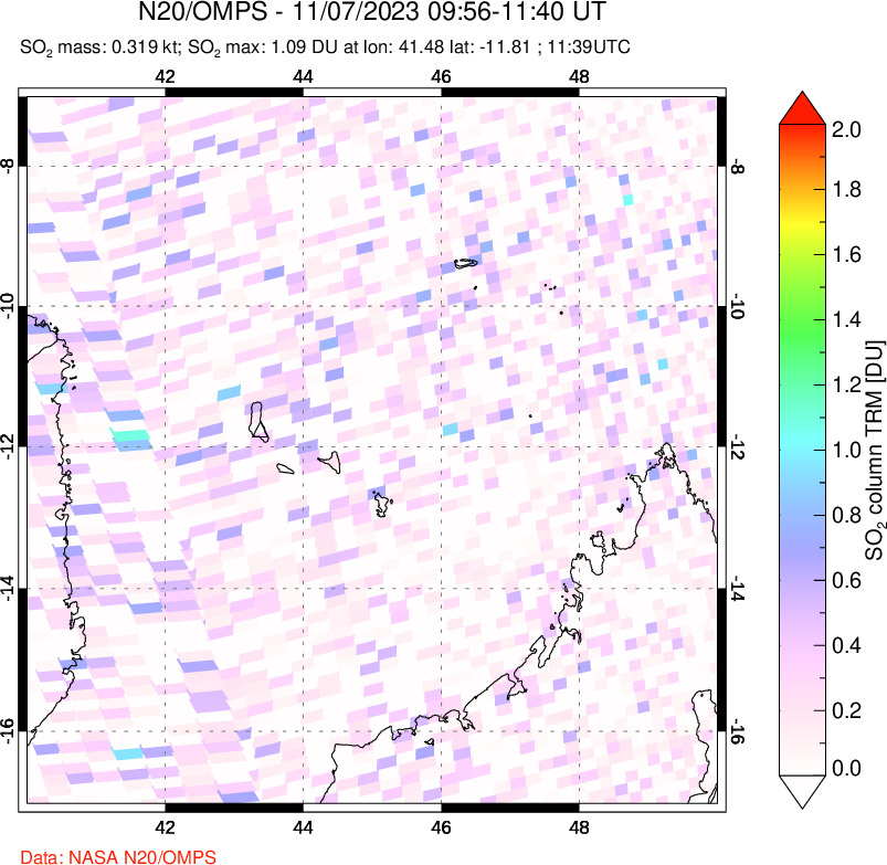 A sulfur dioxide image over Comoro Islands on Nov 07, 2023.