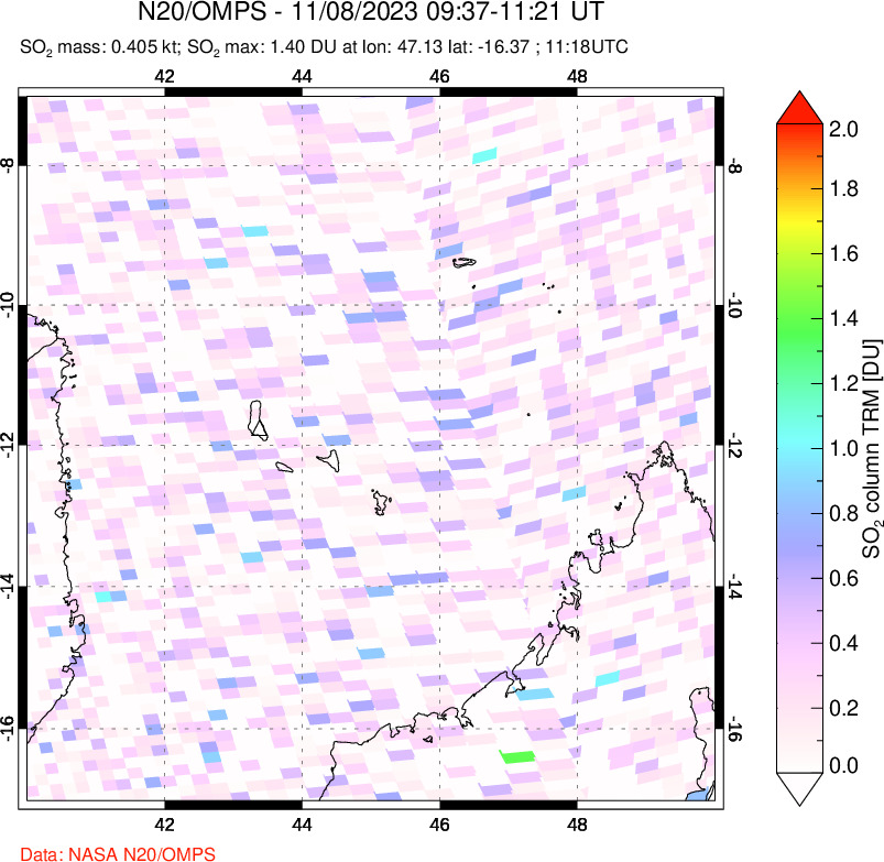 A sulfur dioxide image over Comoro Islands on Nov 08, 2023.