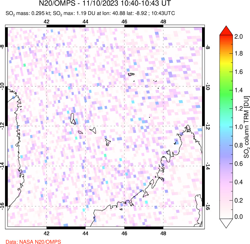 A sulfur dioxide image over Comoro Islands on Nov 10, 2023.