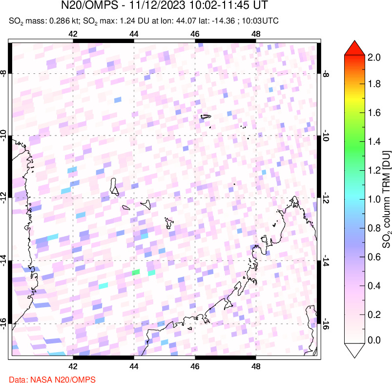 A sulfur dioxide image over Comoro Islands on Nov 12, 2023.