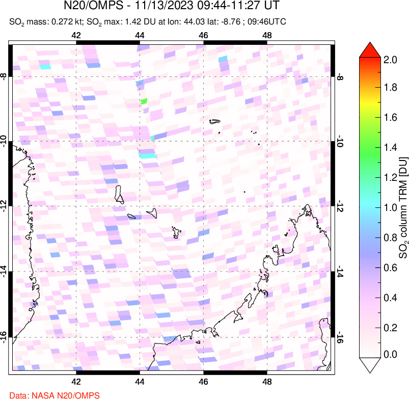 A sulfur dioxide image over Comoro Islands on Nov 13, 2023.