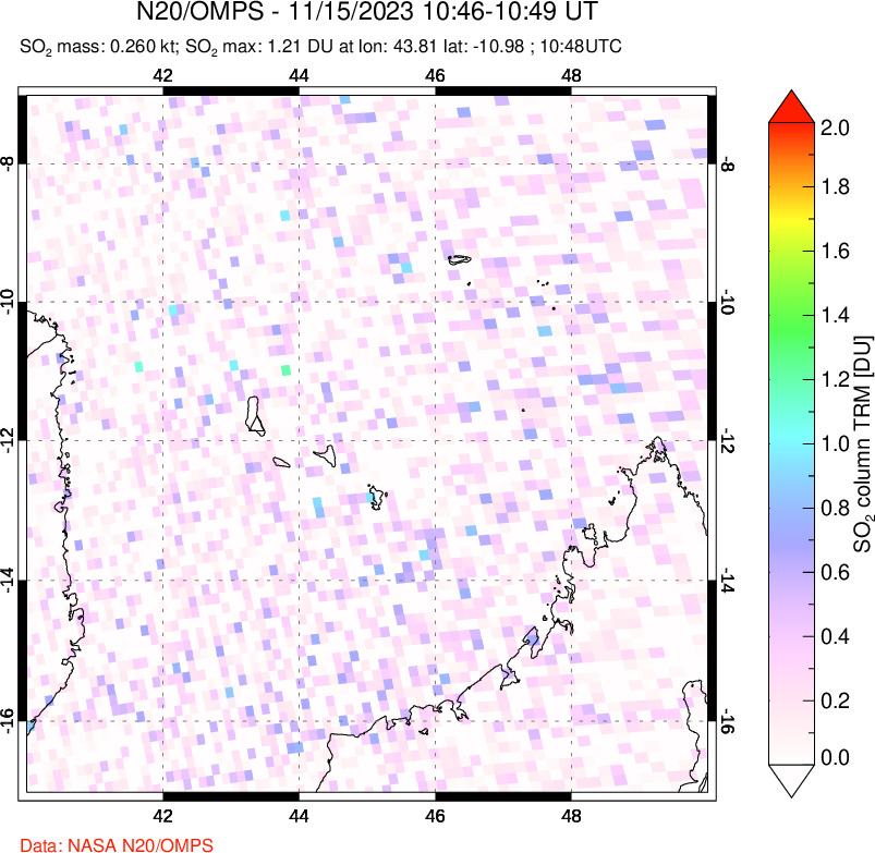 A sulfur dioxide image over Comoro Islands on Nov 15, 2023.