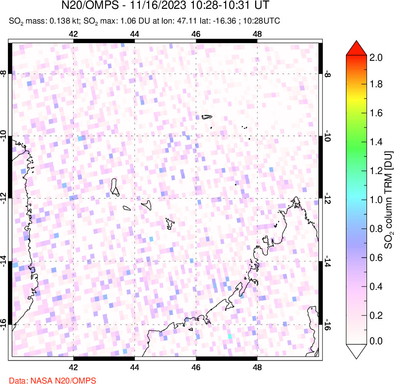 A sulfur dioxide image over Comoro Islands on Nov 16, 2023.