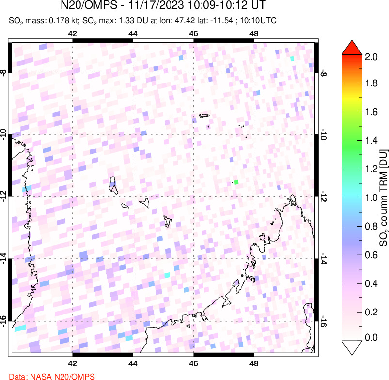 A sulfur dioxide image over Comoro Islands on Nov 17, 2023.