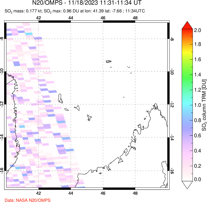 A sulfur dioxide image over Comoro Islands on Nov 18, 2023.