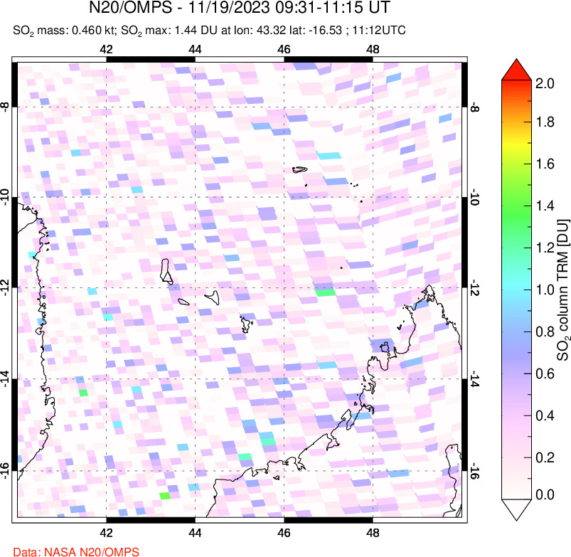 A sulfur dioxide image over Comoro Islands on Nov 19, 2023.