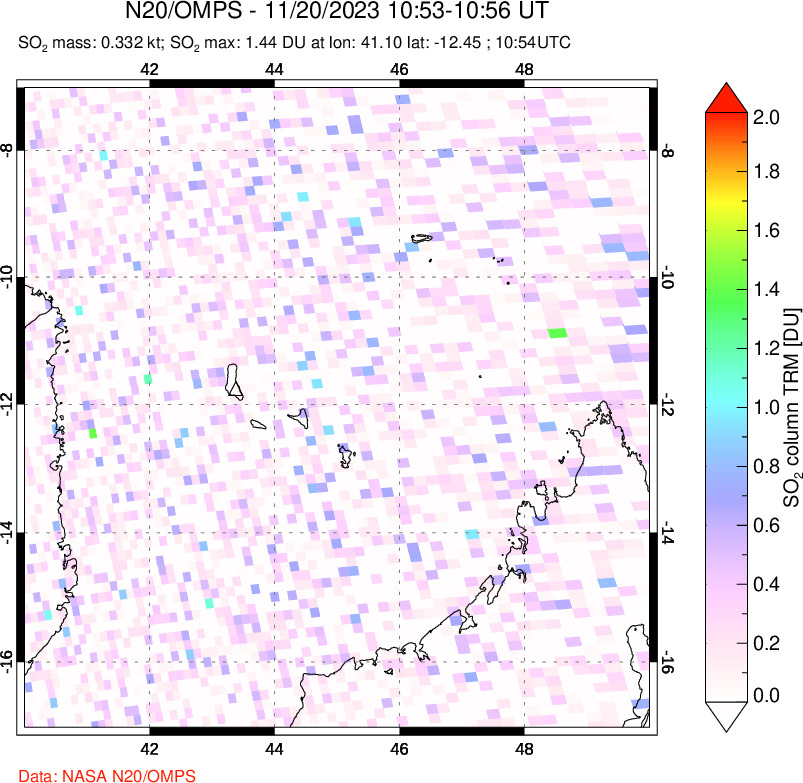 A sulfur dioxide image over Comoro Islands on Nov 20, 2023.