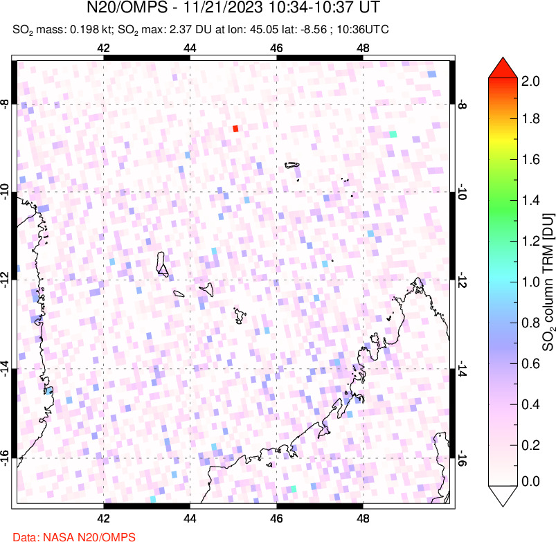 A sulfur dioxide image over Comoro Islands on Nov 21, 2023.