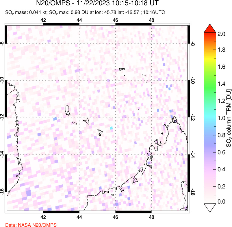 A sulfur dioxide image over Comoro Islands on Nov 22, 2023.