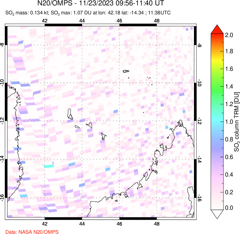 A sulfur dioxide image over Comoro Islands on Nov 23, 2023.