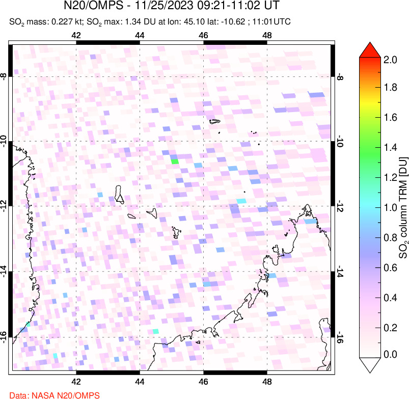 A sulfur dioxide image over Comoro Islands on Nov 25, 2023.