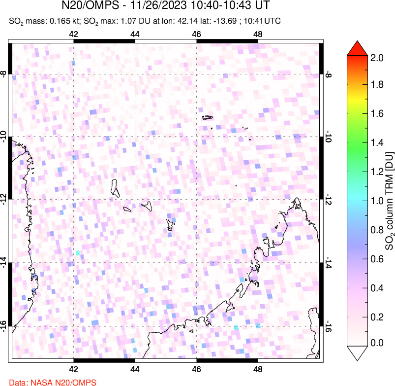 A sulfur dioxide image over Comoro Islands on Nov 26, 2023.