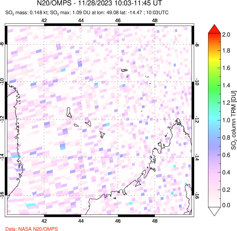 A sulfur dioxide image over Comoro Islands on Nov 28, 2023.