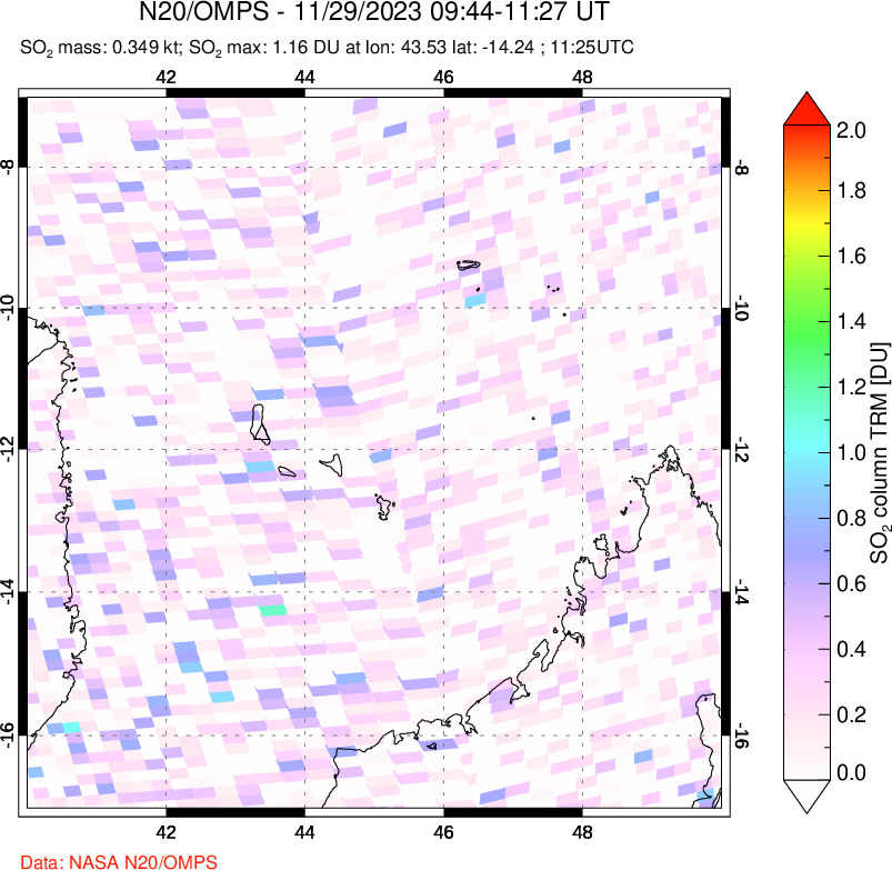 A sulfur dioxide image over Comoro Islands on Nov 29, 2023.