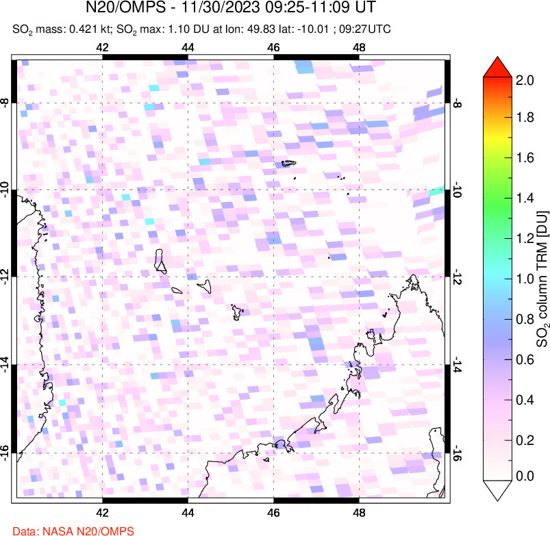 A sulfur dioxide image over Comoro Islands on Nov 30, 2023.