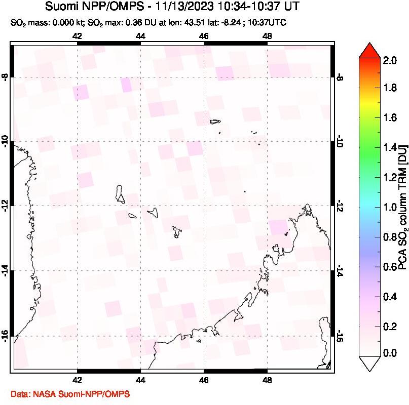 A sulfur dioxide image over Comoro Islands on Nov 13, 2023.