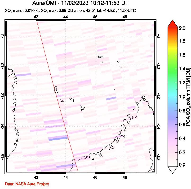 A sulfur dioxide image over Comoro Islands on Nov 02, 2023.