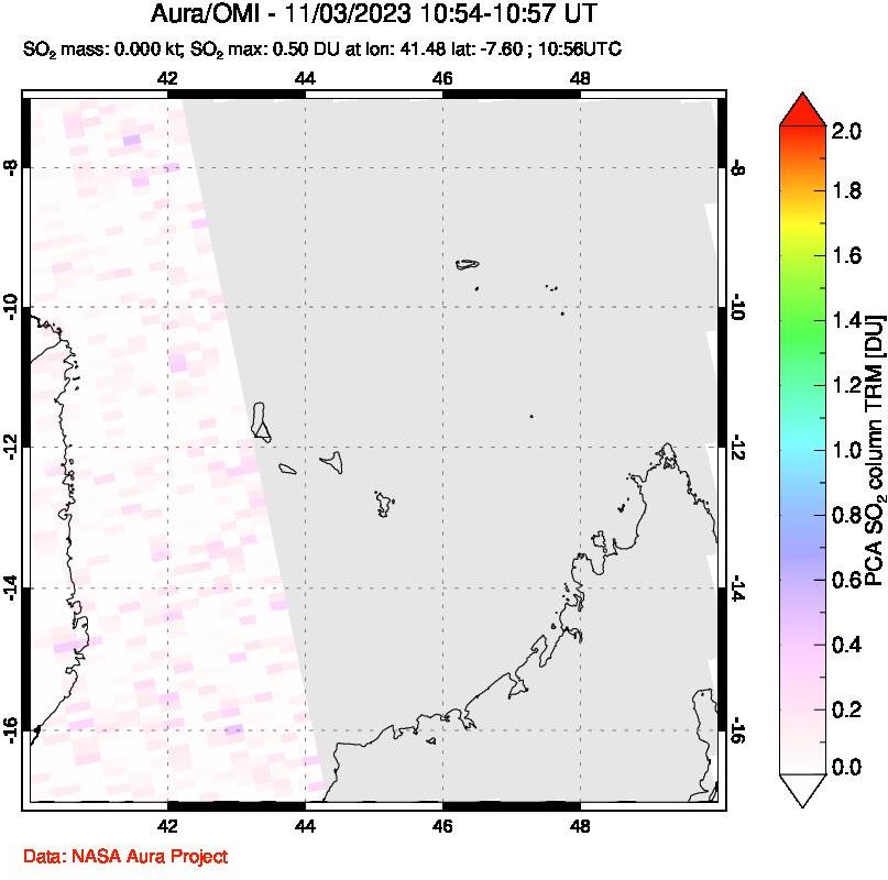 A sulfur dioxide image over Comoro Islands on Nov 03, 2023.