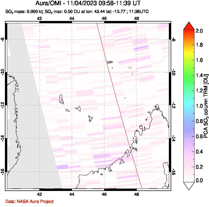 A sulfur dioxide image over Comoro Islands on Nov 04, 2023.